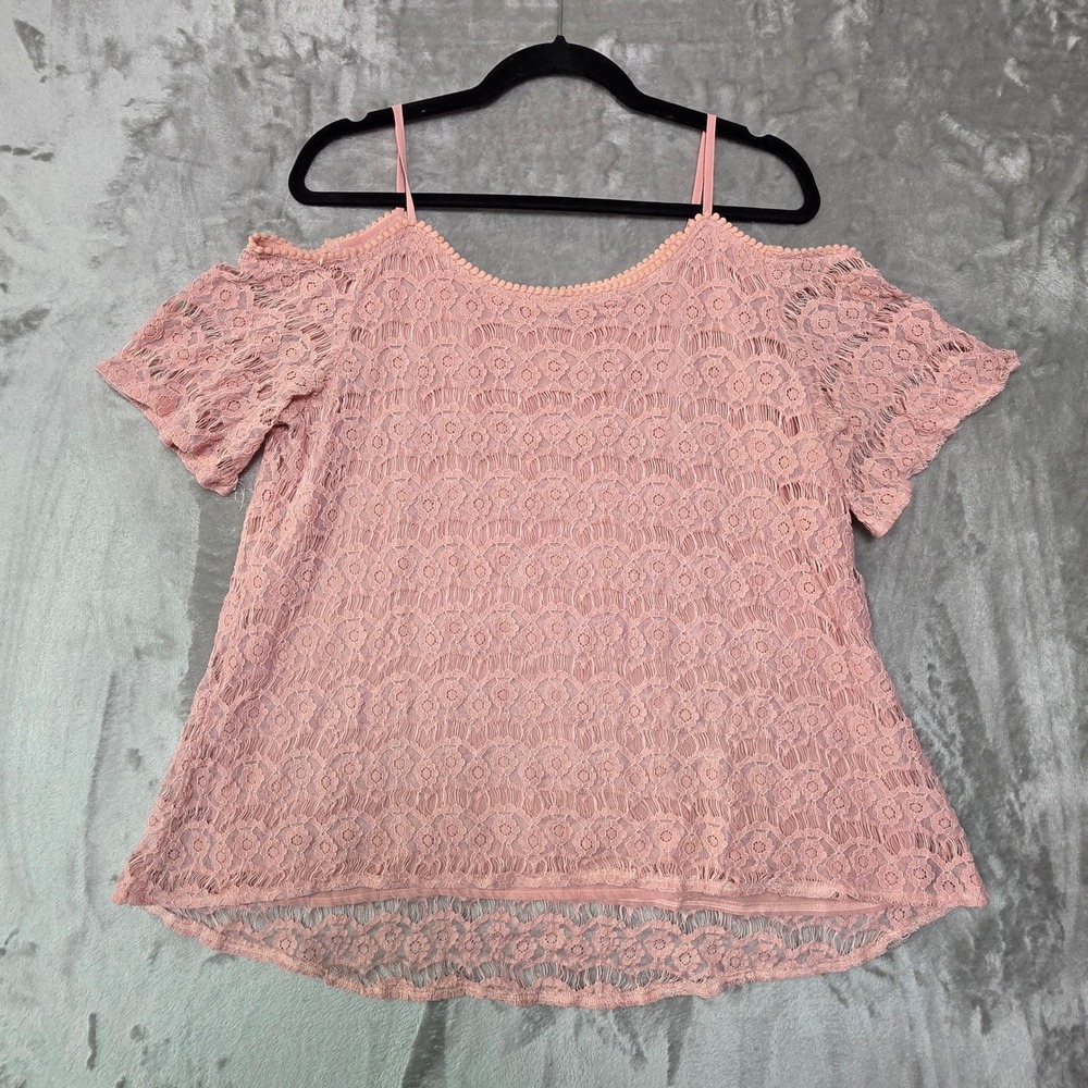 Solution Pink Floral Lace Cold Shoulder Top Pom Pom Trim S21184 Womens Large